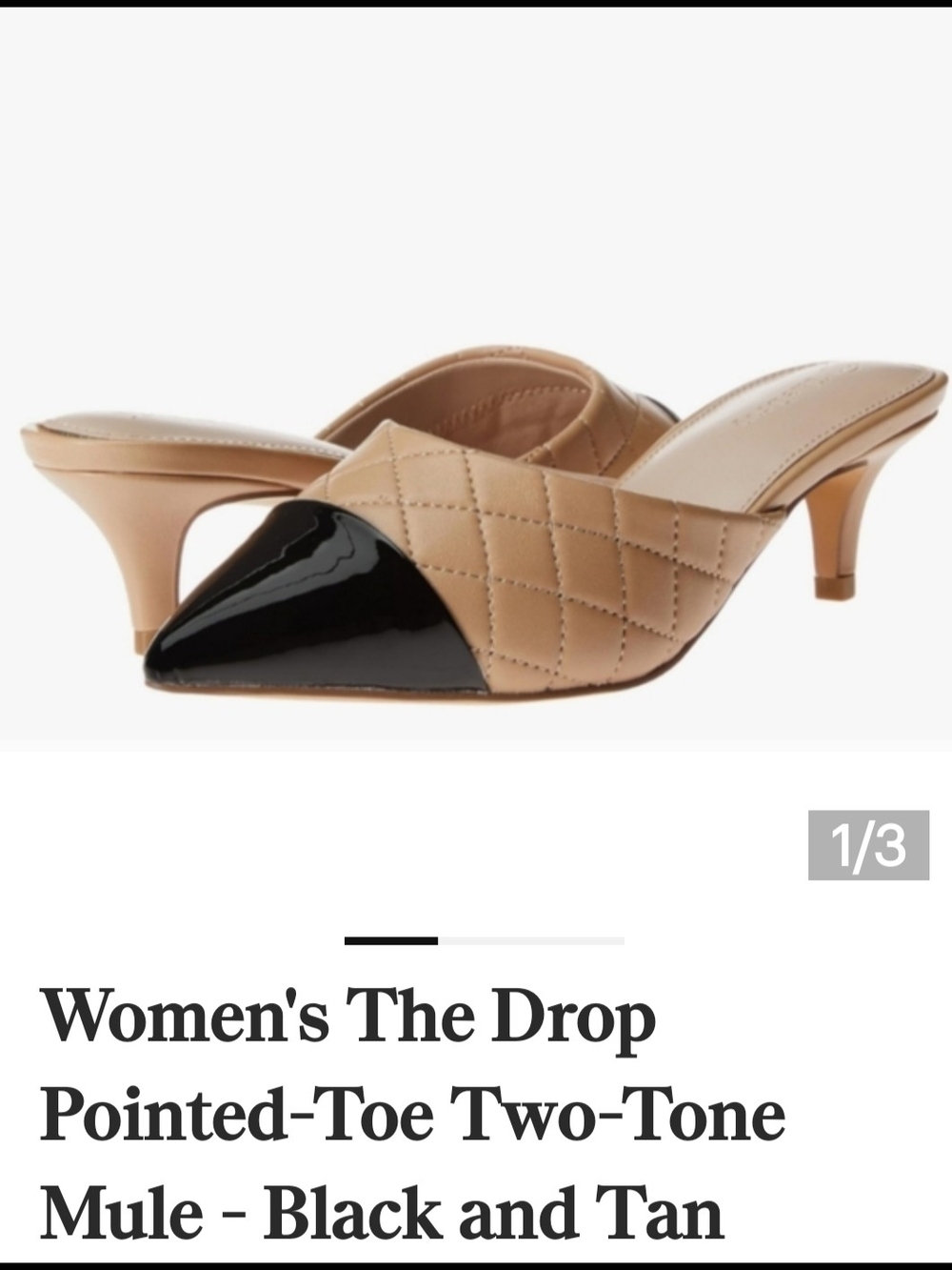 Pointed Two-Tone Quilted Mule in Black and Tan